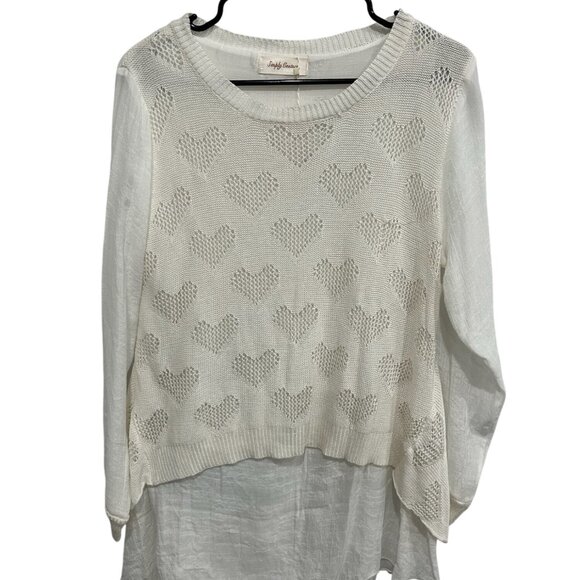 Simply Couture White Knit Heart Pattern Scoop Neck Top High-Low Hem Sz S Relaxed - Picture 1 of 12